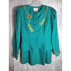 ADRIANNA PAPELL Paisley Print Silk Skirt Suit Sz 12 Green Old Money Quiet Luxury